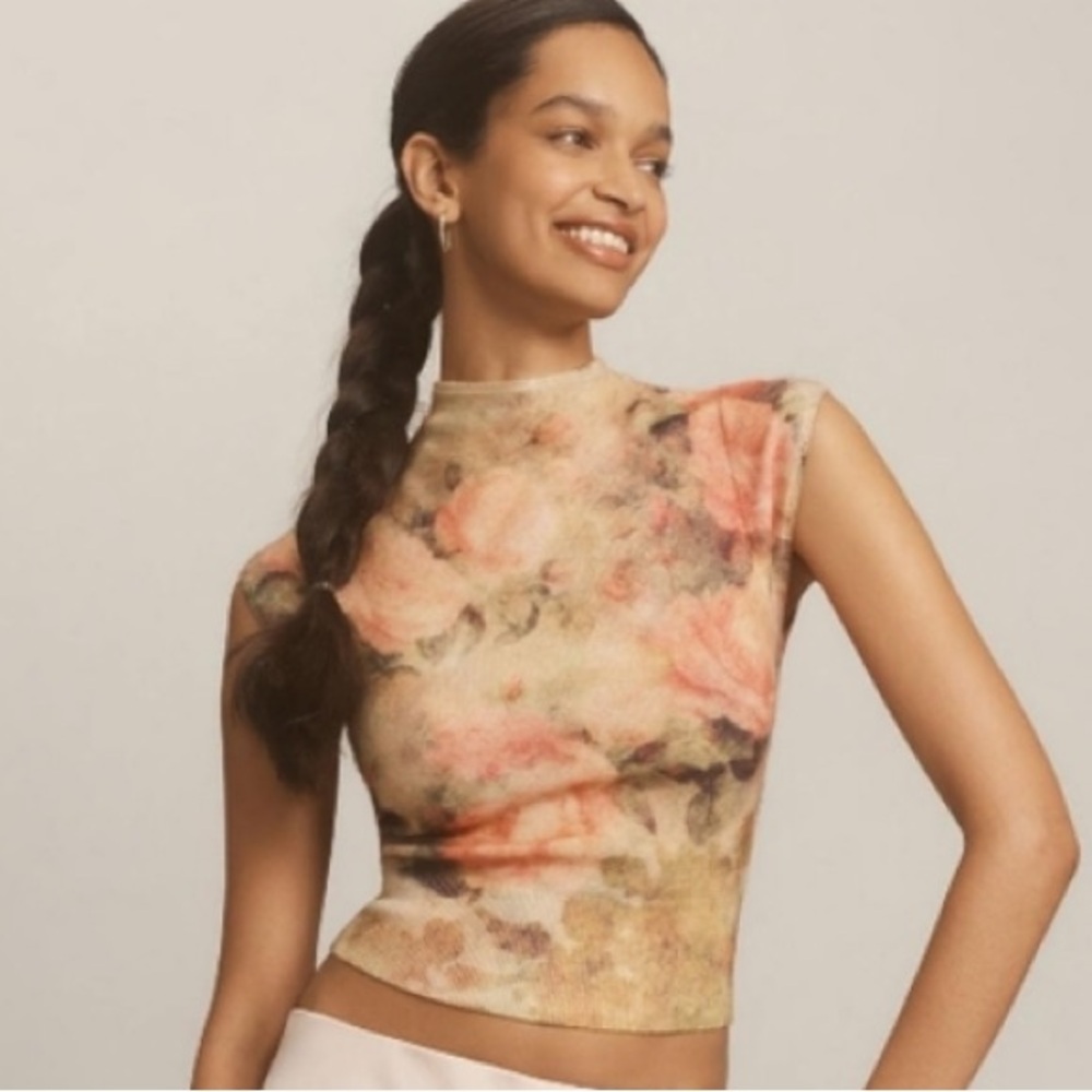 ANTHROPOLOGIE Cap-Sleeve Mock-Neck Cashmere Sweater Tee *flowers*